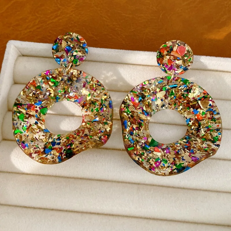 Summer Colorful Confetti Foil Irregular Hollow Hoop Dangle Earrings Resin Exaggerated Party Vacation Earrings for Women