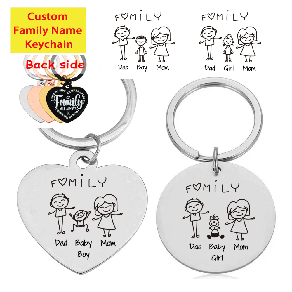 

Custom Family Name Keychain Engraving Personalized Dad Mom Kids Parents Member Heart Keyring Key Chain Ring Holder Gifts Man