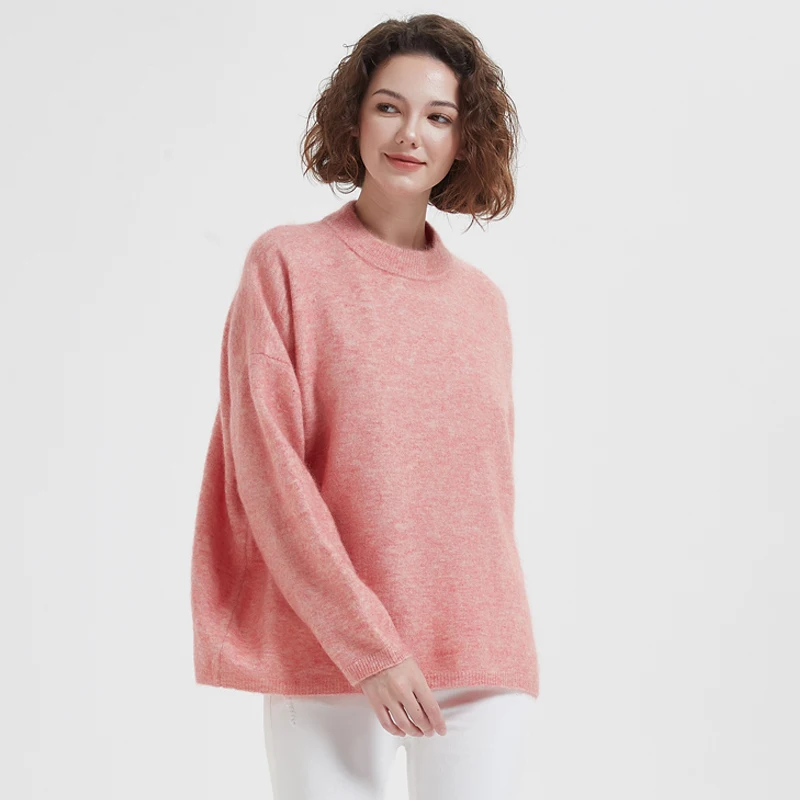 BAHTLEE-Women's Mohair Knitted Pullover, O-Neck Sweater, Long Sleeves, Wool Jumper, Loose Style, Winter