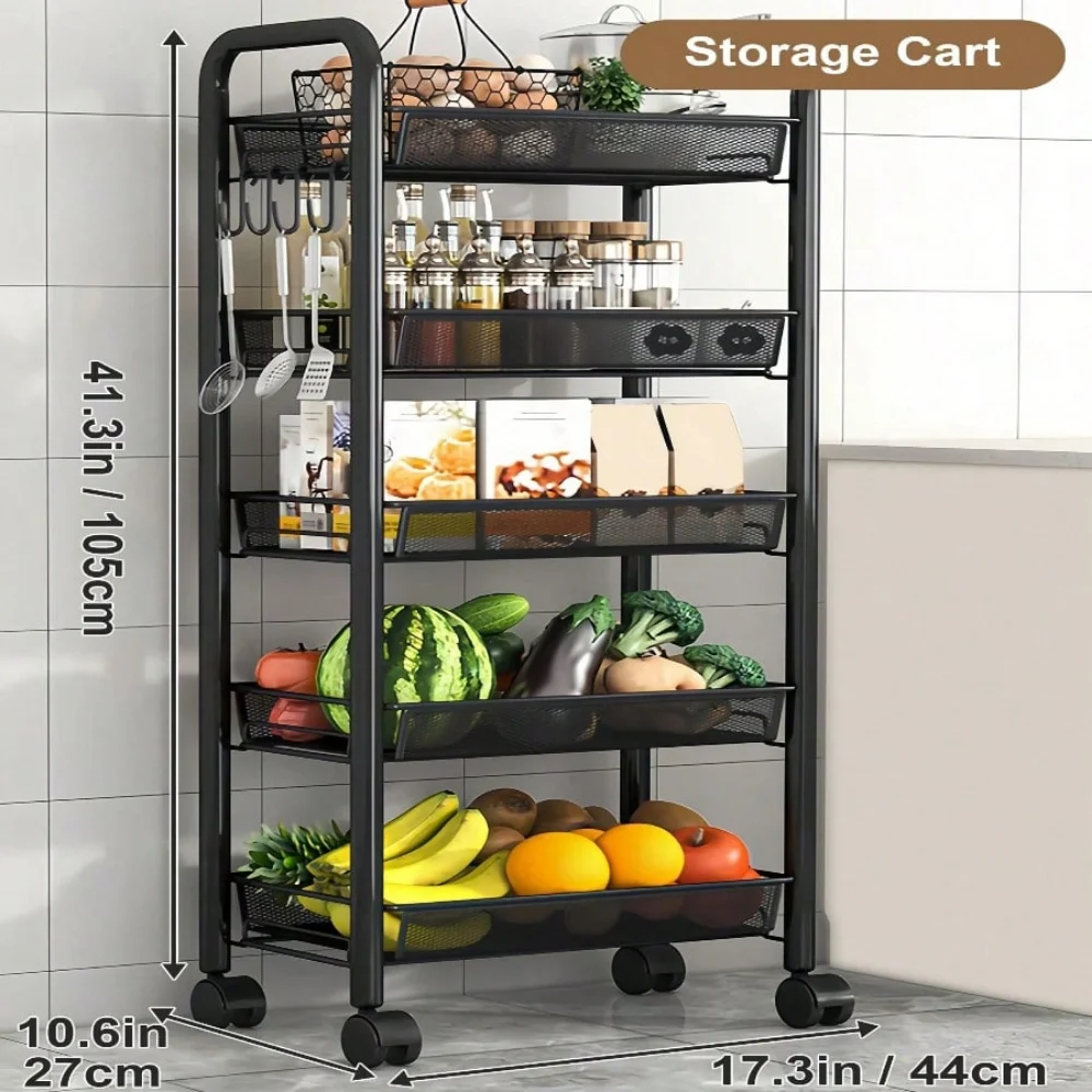 

Storage Cart With Drain Basket, Mobile Shelving Unit Rolling Utility Cart, Multipurpose Rolling Pantry Organizer For Kitchen Liv