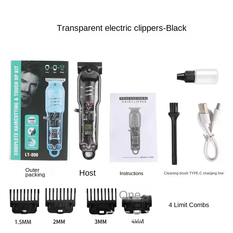 Máquina de corte de cabelo recarregável para homens Clipper profissional Aparadores elétricos transparentes de cabelo Máquina de corte de cabelo sem fio