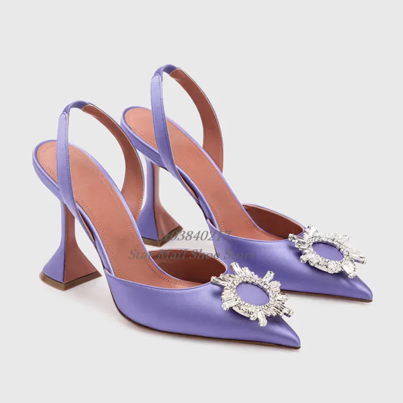 Patent Leather Glossy Pointed Toe Sun-Shaped Crystal Jewelry Inlaid Creative High-Heeled Sandals Slingback Ankle Strap Sandals