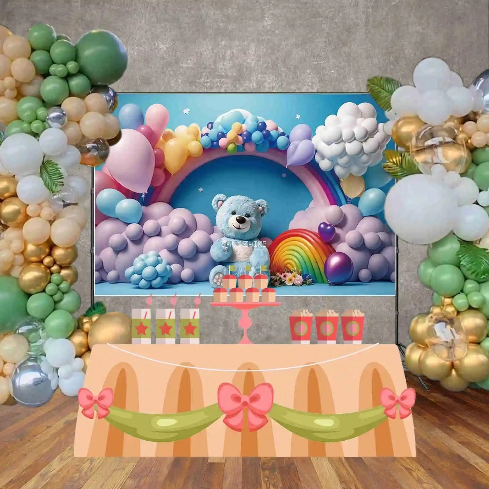 Arch Balloon 1st First Birthday Photozone Backdrop Baby Shower Butterfly Teddy Bear Background Custom Photography Props