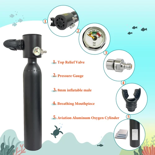 Imagen 2 del producto Tanque de buceo con máscara de snorkel, Mini orinal portátil de 0,5 l, cilindro de oxígeno, máscara de buceo de cara completa, sistema de respiración subacuática