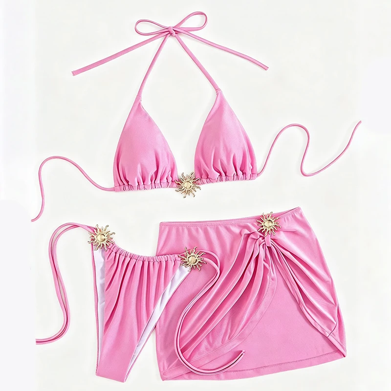 S - XL New With Skirt Halter Bikini Women Swimwear Three-pieces Bikini Set Female Swimsuit Padded Bather Bathing Suit Swim