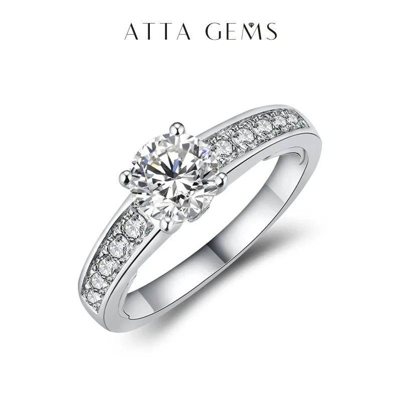 ATTAGEMS 1.0CT Moissanite 18K White Gold Plated 925 Silver Rings for Women Round Cut Solitaire Hidden Halo Ring for Engagement