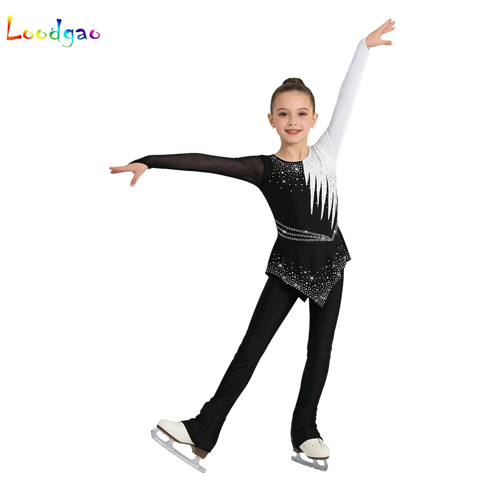 

Ballet Gymnastics Peplum Bodysuit Leotard for Kids Girls Color Block Figure Skating Jumpsuit Lyrical Dance Sheer Mesh Dress