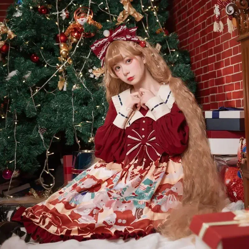 Women Christmas Bear Pattern Lolita Style Dress Female Cute Princess Dress Party Stage Performance Photography Exquisite Dress