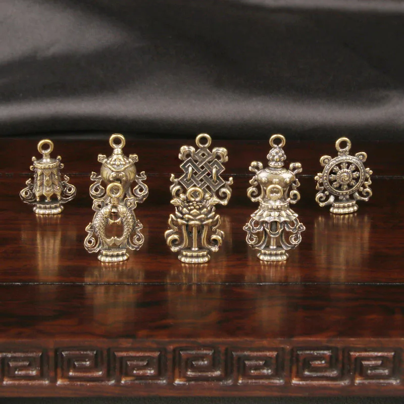 Brass Eight Auspicious Symbols Pendant Tibetan Style Handmade Accessory Braided Rope Charm Bracelet Bead Hanging Ornament