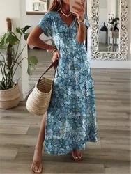 Robe maxi élégante à fleurs vintage pour femmes, mode estivale, col en V, manches courtes, fendue, bohème, longue robe de soirée, robes de plage, 2024