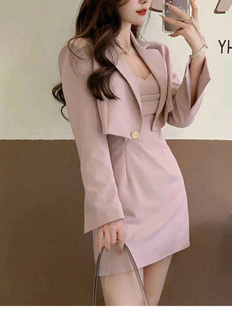 Autumn Pink Two Piece Dress Set Women Blazer Coat+Strap Dress Set Female Casual Korean Fashion Slim Elegant Dress Suit 2024 New