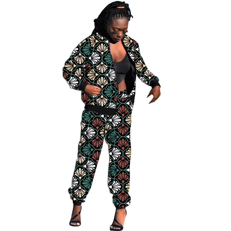 

Комплект из двух предметов с африканским принтом и листьями, женский повседневный спортивный костюм на заказ, куртка на молнии и брюки, женский наряд Анкары