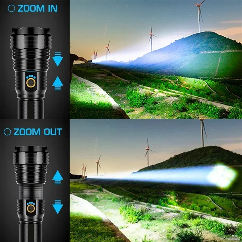 High Power LED Flashlight Portable Telescopic Zoom Waterproof Lantern USB Rechargeable Emergency Spotlight Outdoor Camping Torch