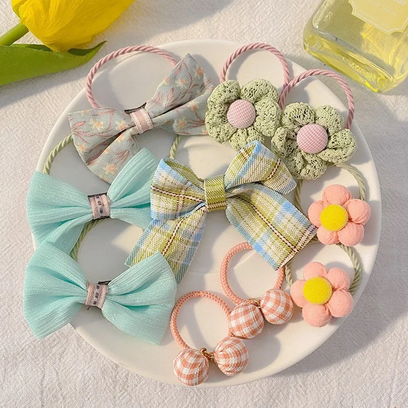 Kawaii Flower Bow Scrunchies Set Children Gift Girls Elastic Hair Rubber Bands Accessories Tie Hair Ring Rope Headdress Headwear