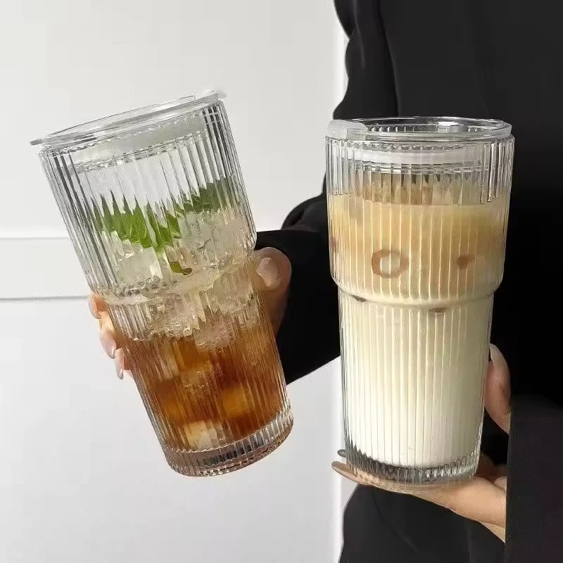 

High Aesthetic Dual-Use Glass Cup for Coffee Juice Large Vertical Striped Water Cup Lid Straw Dropshipping Free Parties Logo