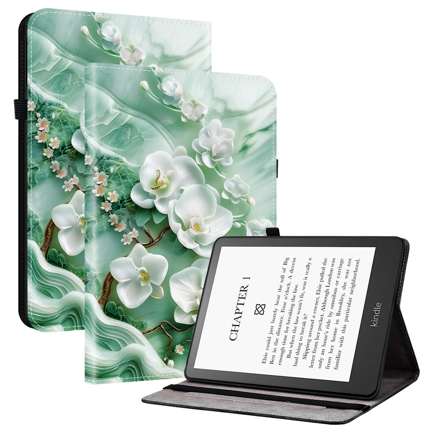 For Amazon Kindle Paperwhite (2024) / Kindle Colorsoft Leather Case Pattern Printed Stand Tablet Cover with Card Slots - Jade Fl