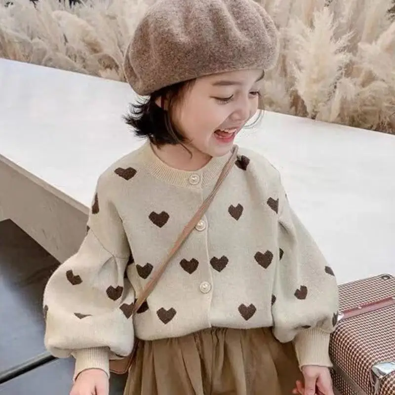 

Children's Knitted Cardigan Spring and Autumn Girls' Lantern Sleeves Love Sweater Jacket Korean Top