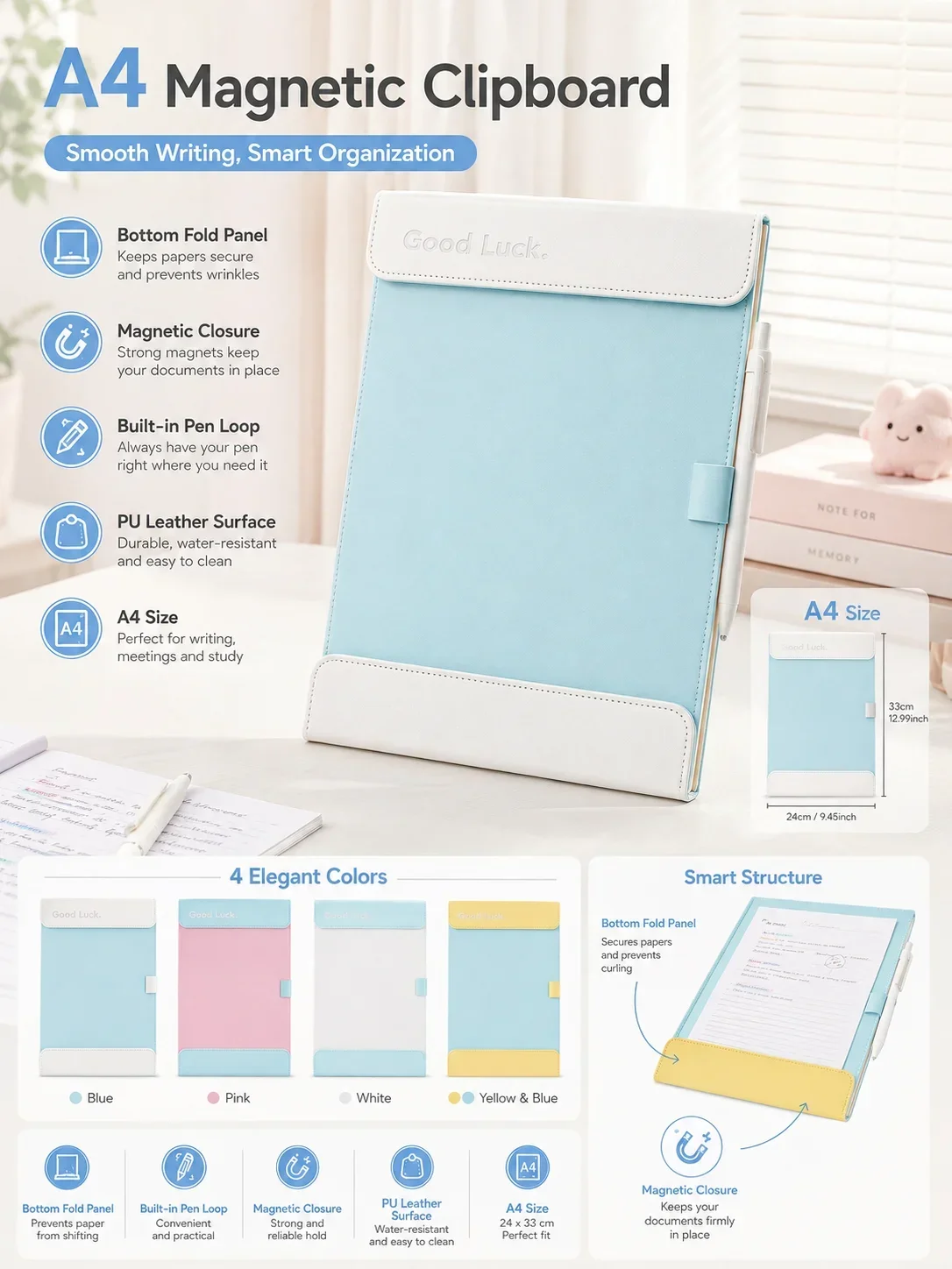 A4 Leather Colorblock Clipboard, Magnetic Folder with Wide Writing Pad, Multi-Function Test Paper Holder