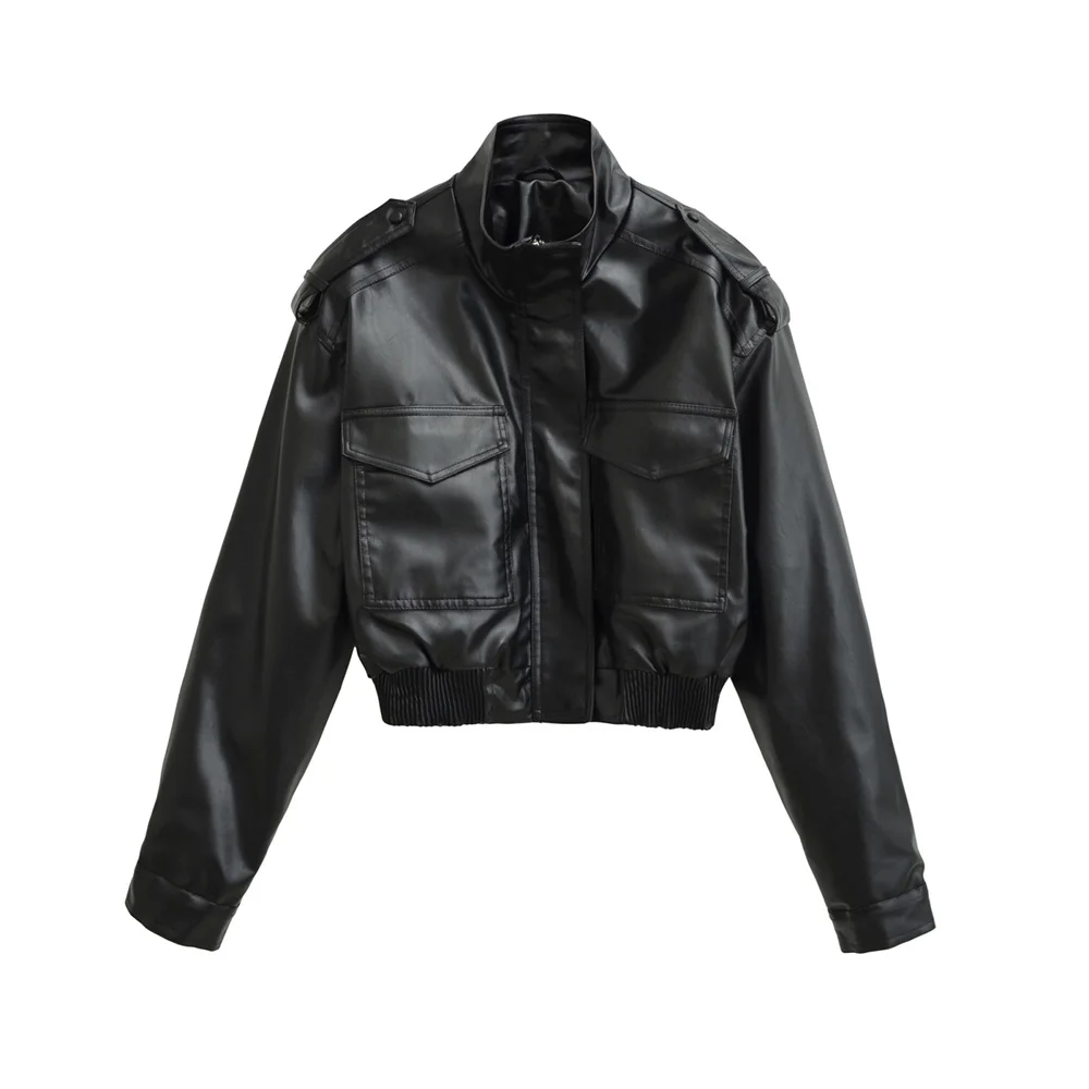 شتاء منتج جديد أزياء المرأة عارضة تنوعا الوقوف طوق كم طويل تقليد الجلود سستة الديكور سترة معطف