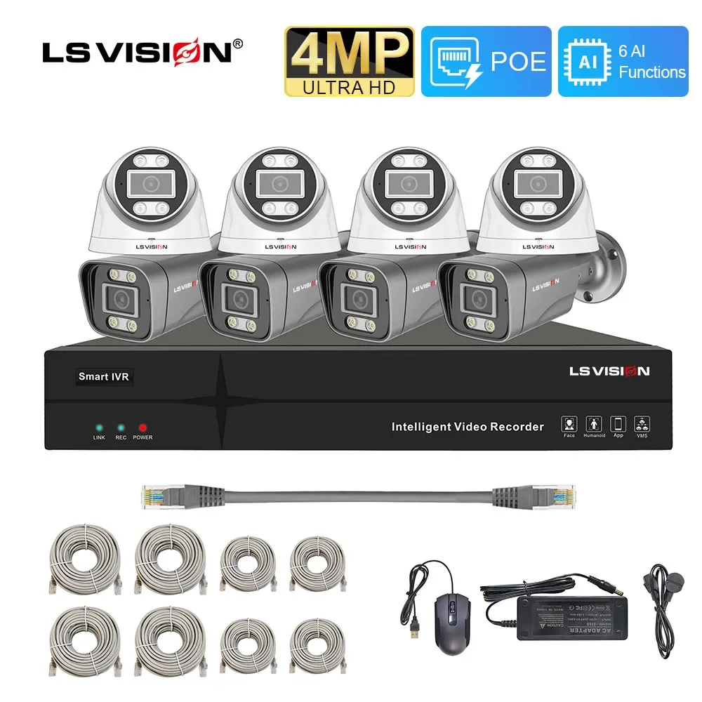 LS VISION CCTV AI Alerta POE Sistema de vigilância Segurança Cam era NVR Record KIT com alarme residencial inteligente e funções inteligentes