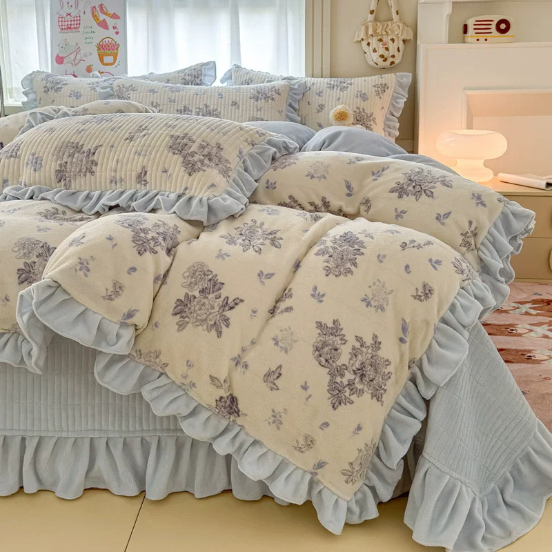 Velvet Winter Thickened 4pcs Bedding Sets for Children Girls Princess Flower Warm Quilt Cover Bedspread for Bedroom