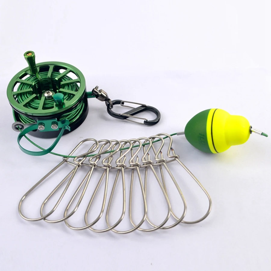 Fishing Stringer Stainless Steel Fishing Lock Buckle with Reel Live Fish Locks Retractable Rope with Float Carabiner