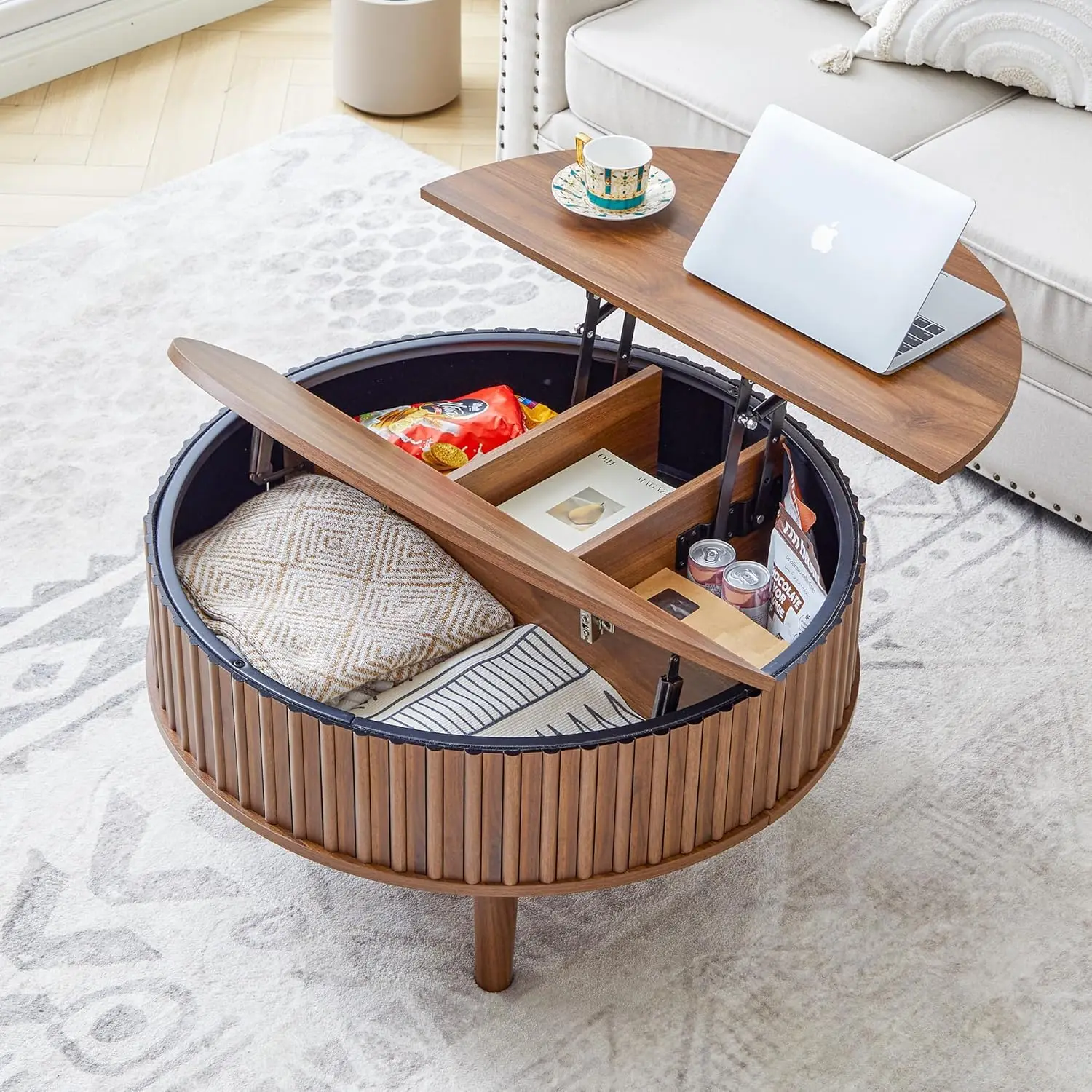 Okrągły stolik kawowy z podnoszonym blatem i schowkiem, stoliki kawowe w stylu mid-century modern z rowkowanym wzorem, do małych przestrzeni, drewniany blat 80 cm, możliwość personalizacji