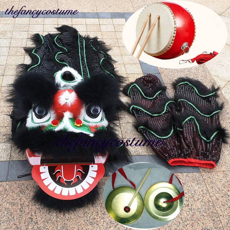 14Inches Lion Dance Props One Drum Gongs cymbals Chinese Culture Folk  Mascot Costume  5-12 Age Family  Party Carnival Festivall