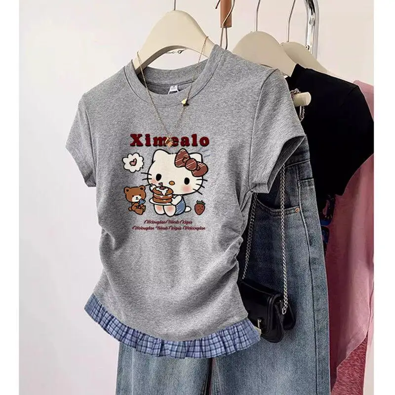 Short-Sleeved T-Shirt Hello Kitty Printed Patchwork Plaid Front Shoulder Women's Sanrio Summer Retro Slim Sweet Spicy Short Tops