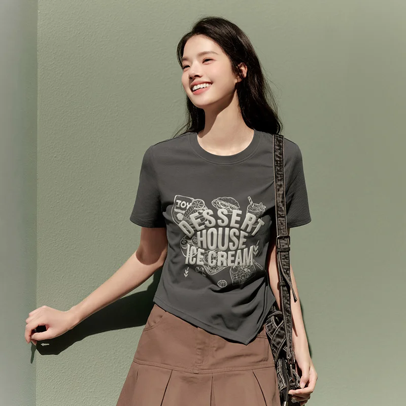 Semir Short-Sleeved T-Shirt Women Short Length Printed Petite Figures 2024 Summer New Slim Fit Asymmetrical Pullover Top