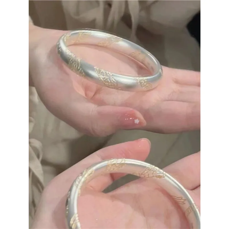 S999 Women'S Silver Ancient Method Auspicious Words Gold Pattern Matte Bracelet Fashion