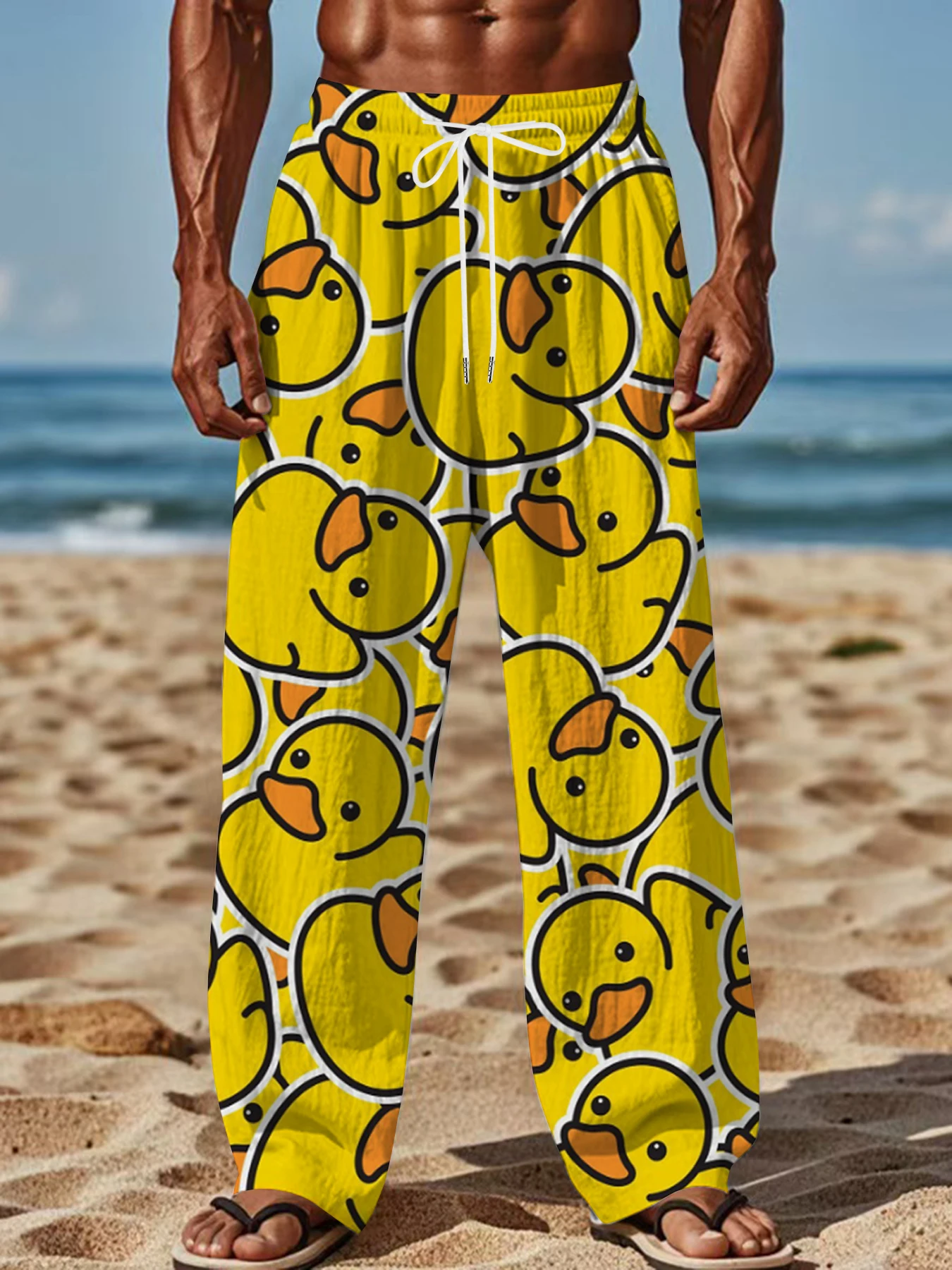 

2026 Men's Printed Straight Leg Pants Abstract Wave Pattern Drawstring Waist Loose Fit Summer Beach Casual Lightweight Pants