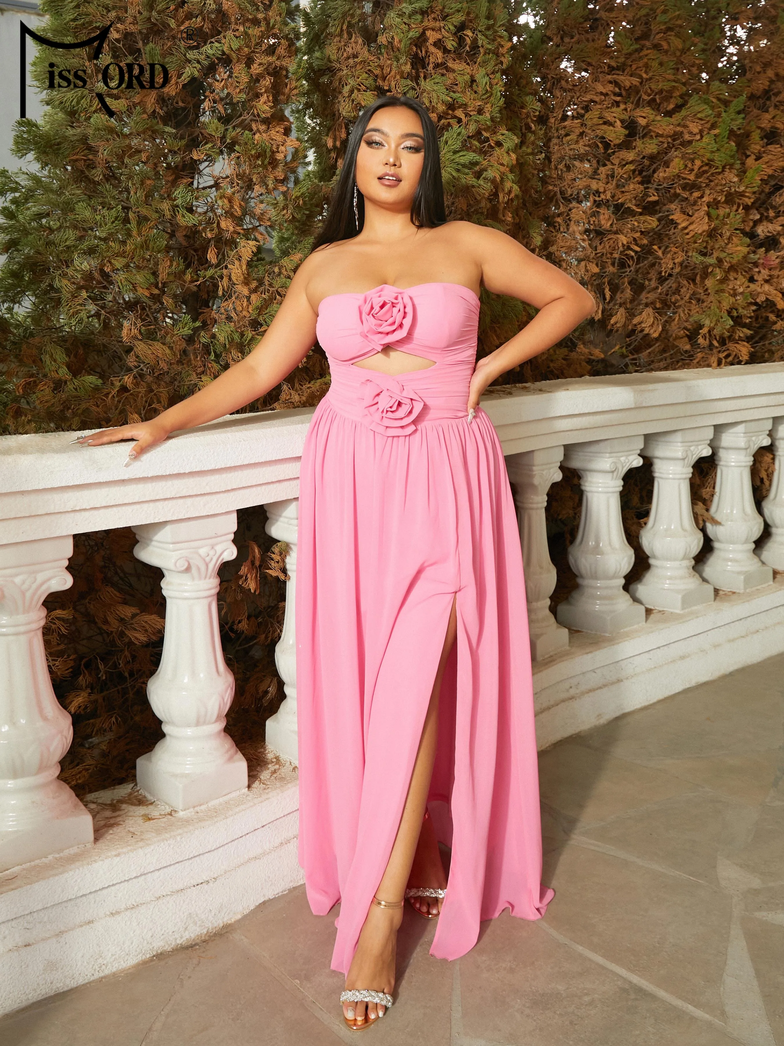 Missord New Plus Size Pink Elegant Party Dresses For Women Strapless Floral Split Evening Prom Dress