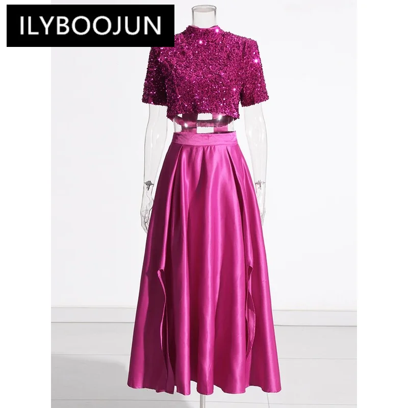 ILYBOOJUN Elegant Two Piece Sets For Women Stand Collar Short Sleeve Spliced Sequins Tops High Waist Skirt Chic Set Female