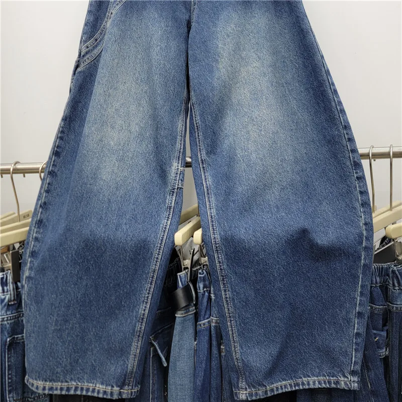SuperAen High-waisted Asymmetrical Patchwork Straight Denim Pants Women 2026 Autumn New Retro Design Full-length Wide-leg Pants