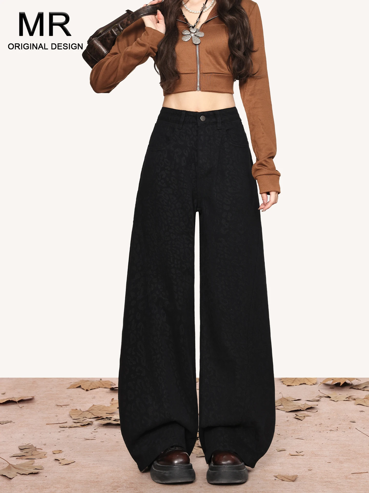 

Черные ретро-брюки с леопардовым принтом, с высокой талией, широкие, женские, летние, модные, свободные, в пол, с разрезами