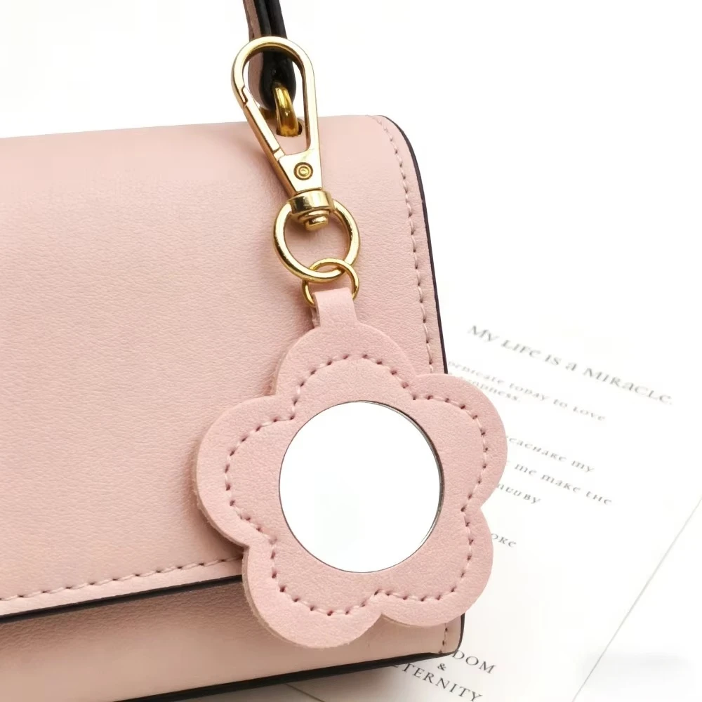 Cute Leather Simple Flower Shape Mirror Key Chain Ring Makeup Bag Pendant PU Keychain Keyring Women Backpack Accessories Gift