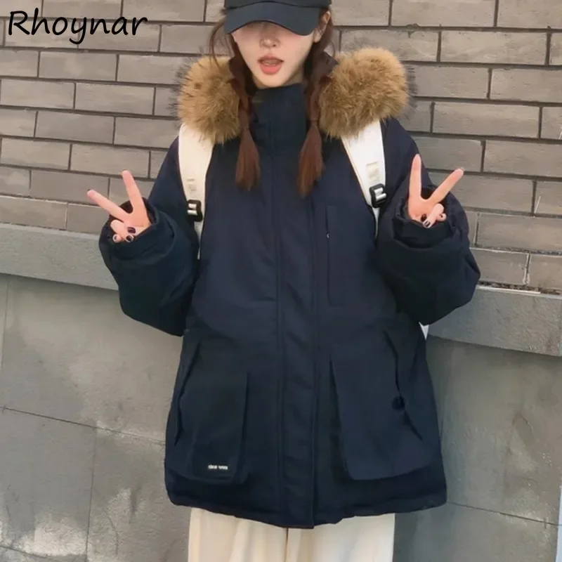 

Parkas Women Winter Temperament Female Hooded Ins Thickening Plus Velvet Warm All-match Leisure Pockets Couples Baggy Ulzzang