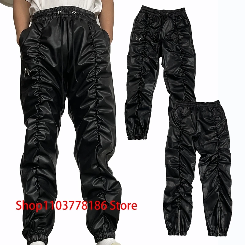 New Thug Club Black Pu Leather Pants Pleated Design Sense Feet Zipper Locomotive Pant Europe America Popular Trouser Men