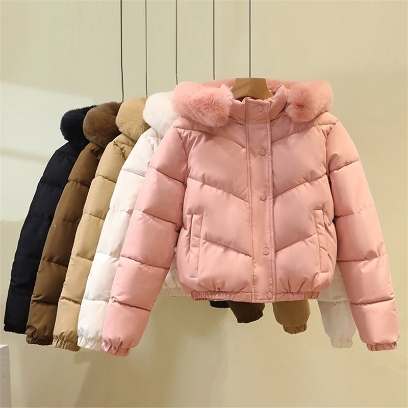 

Hooded Fur Collar Thick Warm Short Cotton Padded Jackets Loose Women's Parkas Winter Jackets Student Coats Casual Female Outwear