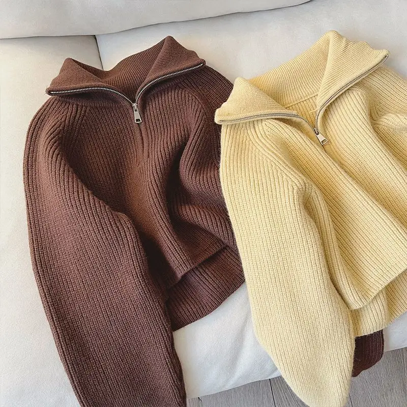 

Autumn/Winter Korean Half Zipper Collar Sweater Women's 2025 New Loose Lazy Style Design Thick Knitted Hoodie Female Clothing