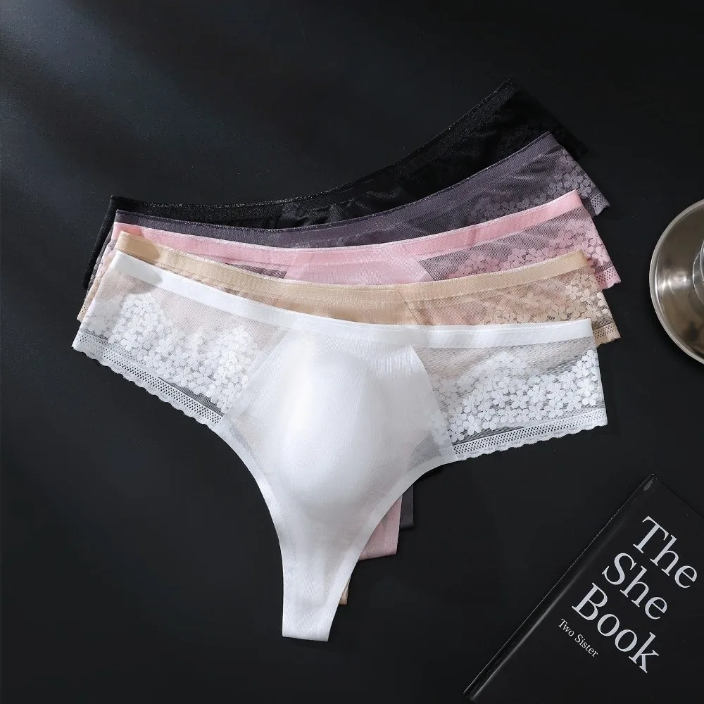 Comfortable Low Waist Men Ice Silk Thongs Underpants Lace Flower Men's Panties T-back Underwear Male Briefs Men