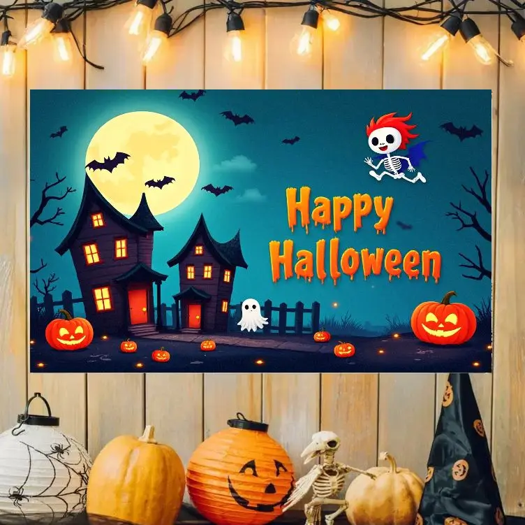 VIKAMA Cute Halloween Tapestry Haunted House Skeleton Ghost Pumpkin Moon Wall Hanging Dorm Bedroom Holiday Decor Cloth