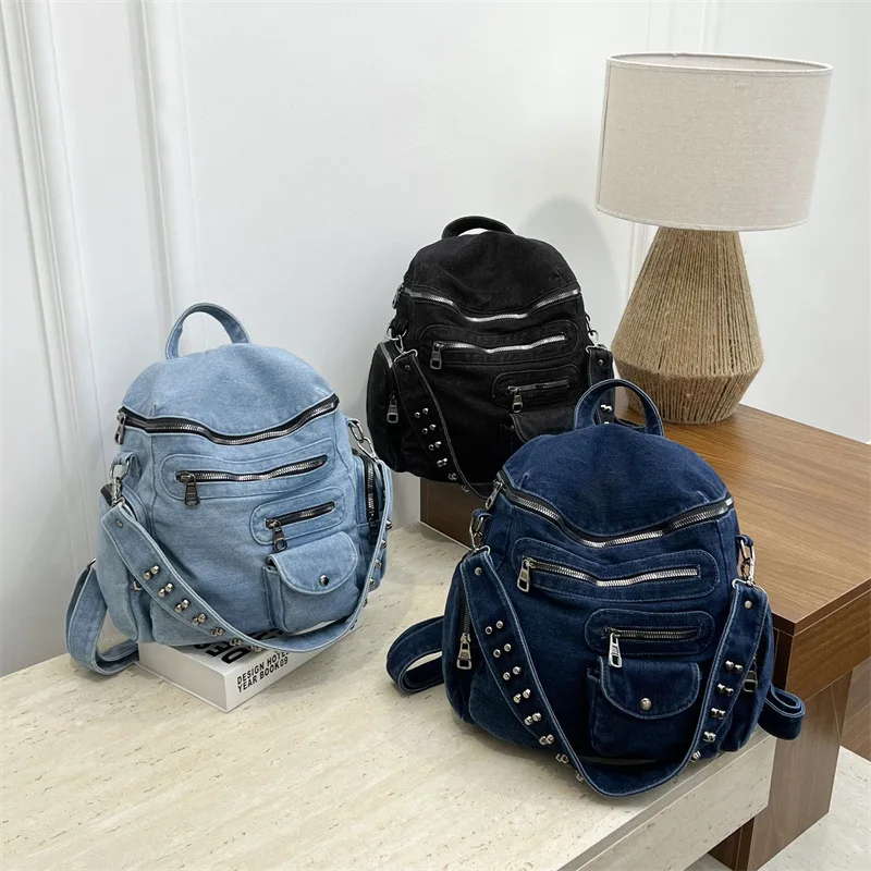 

2026 New Vintage Denim Backpack,Women's Multi-Pocket Motorcycle Bag,Original Design Shoulder Bag,Casual Schoolbag,Travel Daypack