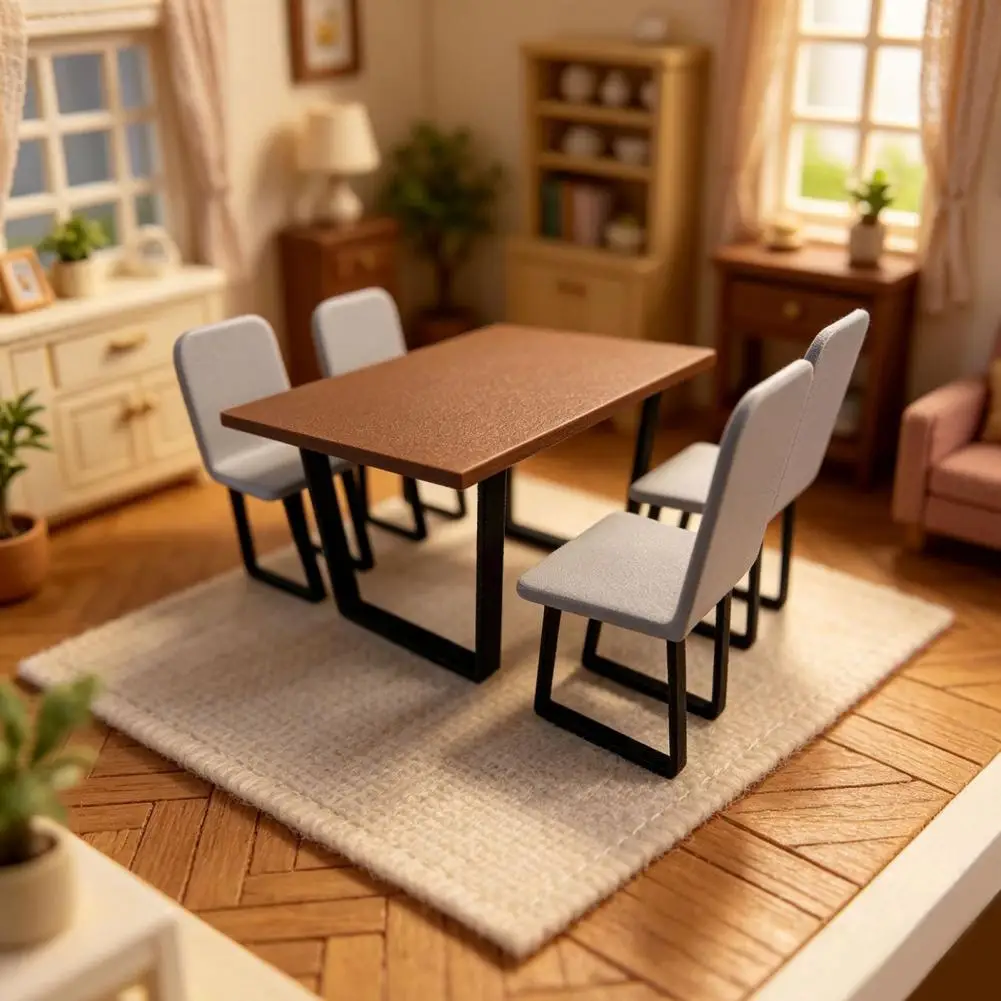 Compact Doll Furniture Miniature Table Chairs Set Tiny Dining Room Furniture 1/12 Scale Dollhouse Pretend Play Toys for Doll