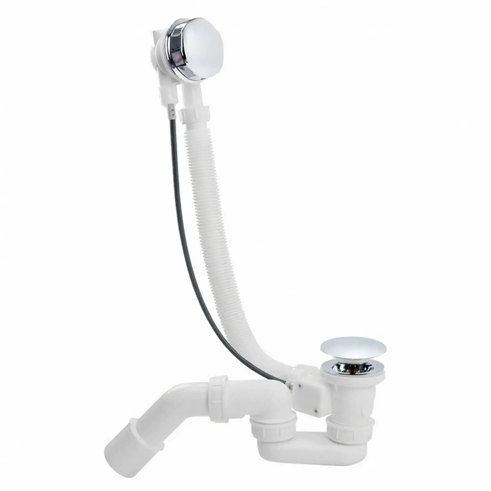 Compact Bathtub Drain Assembly with Rotating Spring Cap and Rubber Tubing for Easy Fit