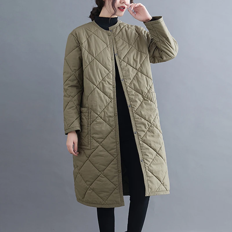 Długi płaszcz bawełniany Thiened za kolano, ciepły, okrągły dekolt, modny płaszcz damski do pracy, artystyczny płaszcz w jednolitym kolorze.