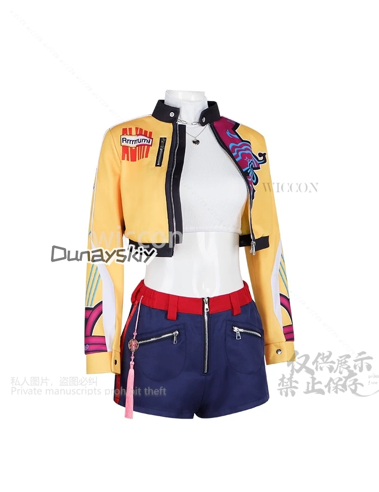 루미 K팝 걸그룹 코스프레 애니메이션 영화 데몬 노래 의상 노란색 펑크 Y2K 코트 반바지 긴 가발 할로윈 파티 코스