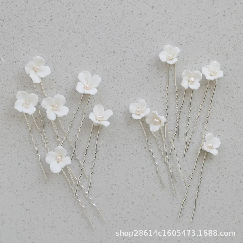 Ceramic Flower Hairpin U-shape Pearl Hair Clip Bride Prom Headdress Fashion Wedding Hair Accessories Lady Marriage Hair Jewelry