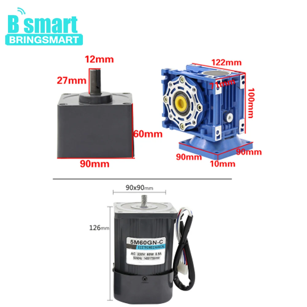 5M60GN-RV40-2 220V AC Motor 60w Low Speed Electric Motor Worm Gear Reducer Low Noise High Torque Motor Engine